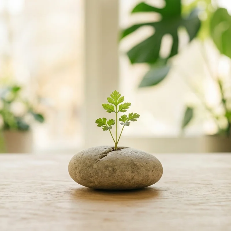 Junge Pflanze wächst aus einem Stein, Symbol für natürliche Balance